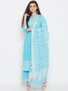 Safaa Blue & White Pure Cotton Woven Design Unstitched Dress Material For Summer