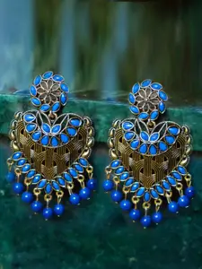 Crunchy Fashion Gold-Plated & Blue Heart Shaped Kundan Dangler Drop Earrings