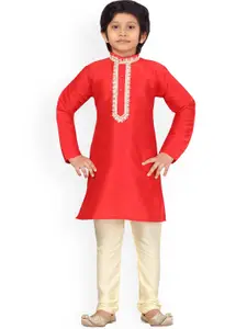 LITTLE MAFIA BY Aarika Boys Red Regular Pathani Pure Silk Kurta with Pyjamas