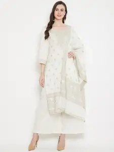 Safaa White & Beige Pure Cotton Woven Design Unstitched Dress Material For Summer