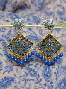 Crunchy Fashion Gold & Blue Contemporary Drop Earrings