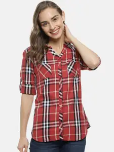 Campus Sutra Women Red & White Regular Fit Checked Casual Shirt