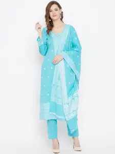 Safaa Blue & White Pure Cotton Woven Design Unstitched Dress Material For Summer