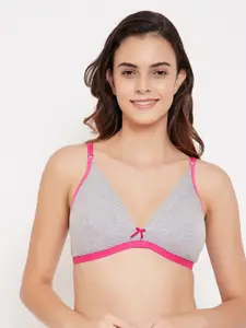 Clovia Grey & Pink Solid Non-Wired Non Padded Plunge Bra BR1595G0132B