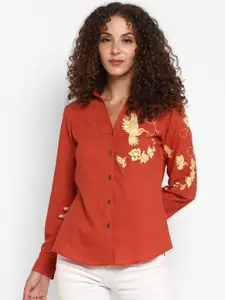 Taurus Women Rust Red Regular Fit Self Design Casual Shirt