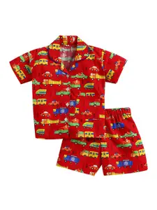 The Magic Wand Girls Red & Yellow Abstract Pure Cotton Shirt with Shorts