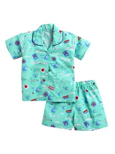 The Magic Wand Girls Sea Green Abstract Pure Cotton Shirt with Shorts