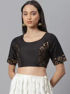 Janasya Women Black & Rose Gold-Coloured Printed Poly Silk Stitched Saree Blouse