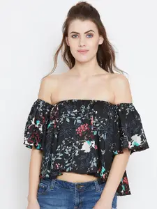 Berrylush Black & Blue Floral Off-Shoulder Flared Sleeves Crepe Bardot Crop Top