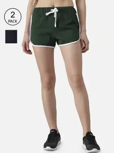 The Dry State Women Pack Of 2 Green & Black Solid Regular Fit Cotton Sports Shorts
