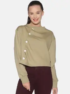 Campus Sutra Women Beige Solid Cotton Sweatshirt