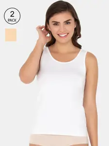Amante Women Beige & White Pack of 2 Solid Cotton Tank Top
