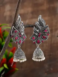 Silvermerc Designs Silver-Toned & Pink Contemporary Jhumkas
