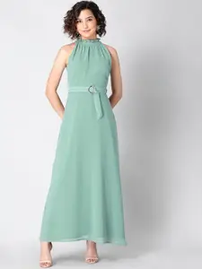 FabAlley Pastel Green Solid Halter Belted Maxi Dress