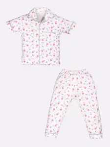 BABY GO Girls White & Pink Printed Pure Cotton Night suit
