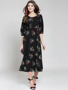 Sera Black Floral Print Crepe Midi Dress
