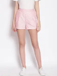 Oxolloxo Women Pink Striped Regular Fit Pure Cotton Regular Shorts