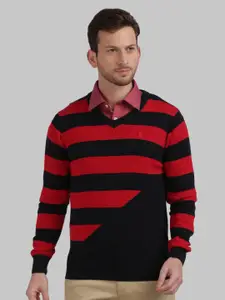 Parx Men Red & Black Striped Pullover Sweater