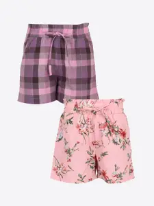 CUTECUMBER Girls Pack of 2 Purple Floral Checked Mid-Rise Regular Shorts