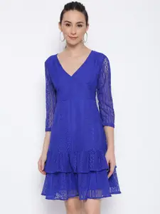 MARC LOUIS Blue Floral Net A-Line Dress