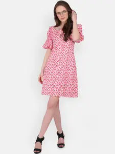 MARC LOUIS Women Pink & White Floral Fit & Flare Dress