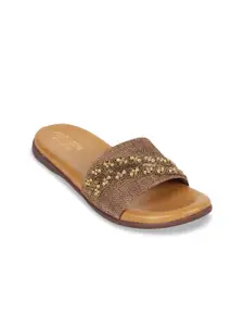 Monrow Women Brown & Gold-Toned Embellished Open Toe Flats