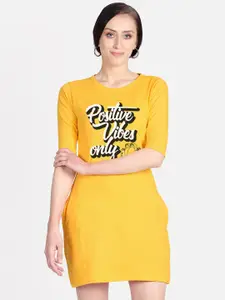 Free Authority Women Yellow & White Garfield Printed Cotton T-shirt Dress