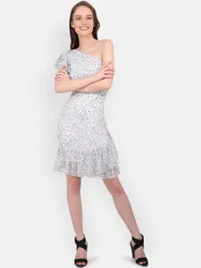 MARC LOUIS White & Grey One Shoulder Chiffon Sheath Dress