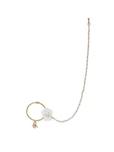 AccessHer Gold-Plated & White Stone-Studded Pearl Beaded Enameled Chained Nose Ring