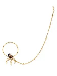 AccessHer Gold-Plated White Kundan-Studded & Beaded Vilandi Chained Nose Ring