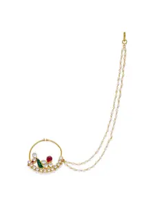 AccessHer Gold-Plated, White & Green Kundan-Studded & Beaded Nose Ring