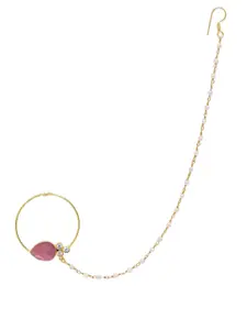 AccessHer Gold-Plated Pink & White Stone-Studded & Beaded Chained Nose Ring