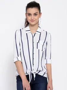 Pepe Jeans Women White & Navy Blue Regular Fit Striped Casual Shirt