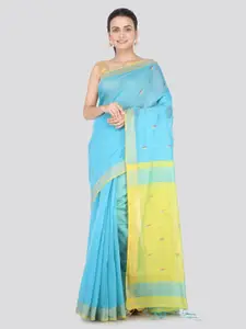 PinkLoom Blue & Yellow Cotton Blend Woven Design Handloom Sustainable Saree