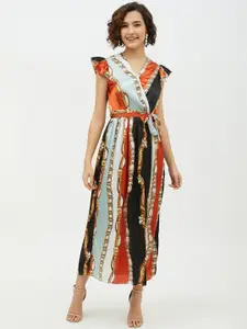 StyleStone Women Multicoloured Abstract Satin Finish Maxi Dress with Belt