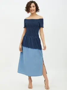 StyleStone Women Blue Colourblock Dyed Chambray A-Line Dress