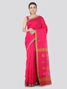 PinkLoom Pink & Yellow Cotton Blend Solid Handloom Sustainable Saree