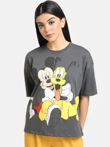 Kazo Women Grey Mickey & Pluto Printed Round Neck T-shirt