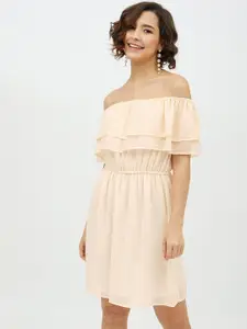 StyleStone Women Peach-Coloured Solid Off-Shoulder A-Line Dress
