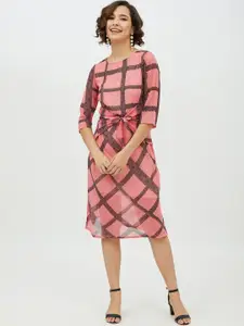 StyleStone Women Pink & Brown Checked A-Line Dress