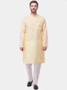SG LEMAN Men Yellow & White Self Design Kurta with Pyjamas
