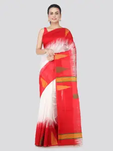 PinkLoom White & Red Cotton Blend Solid Handloom Sustainable Saree