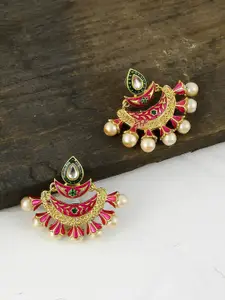 Silvermerc Designs Gold-Plated & Pink Contemporary Kundan Meenakari Chandbalis