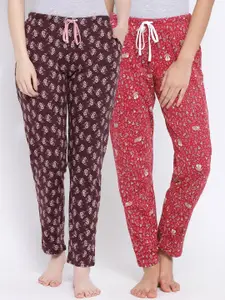 Kanvin Women Pack Of 2 Brown & Red Printed Cotton Lounge Pants