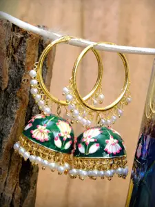 Crunchy Fashion Green & White Gold-Plated Beaded Dome Shaped Enamelled Jhumkas