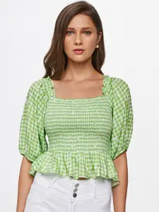 AND Green & White Checked Smocked Peplum Crop Top