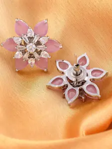 Saraf RS Jewellery Pink & Silver-Toned Rhodium-Plated Handcrafted Floral AD Studs