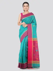 PinkLoom Blue & Yellow Cotton Blend Woven Design Saree