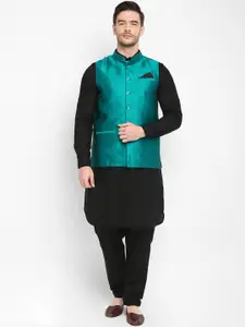 Hangup Men Black Solid Kurta with Patiala & Waistcoat