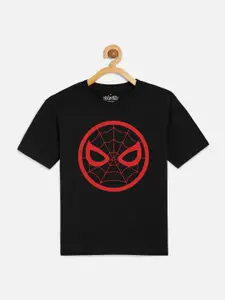 Kids Ville Boys Black Spiderman Print Drop-Shoulder Sleeves T-shirt